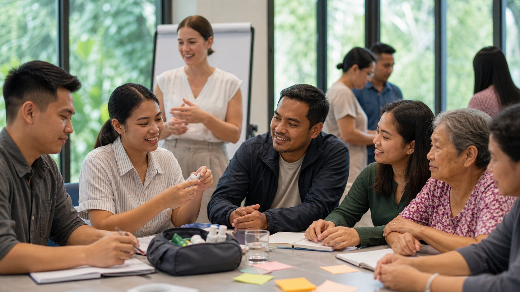 Adult learners and a health educator take part in a practical community workshop.