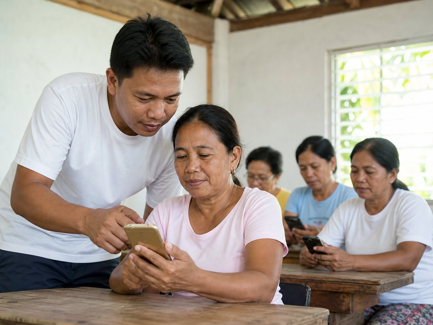 An instructor supports an adult learner using a mobile device during a community health learning session.