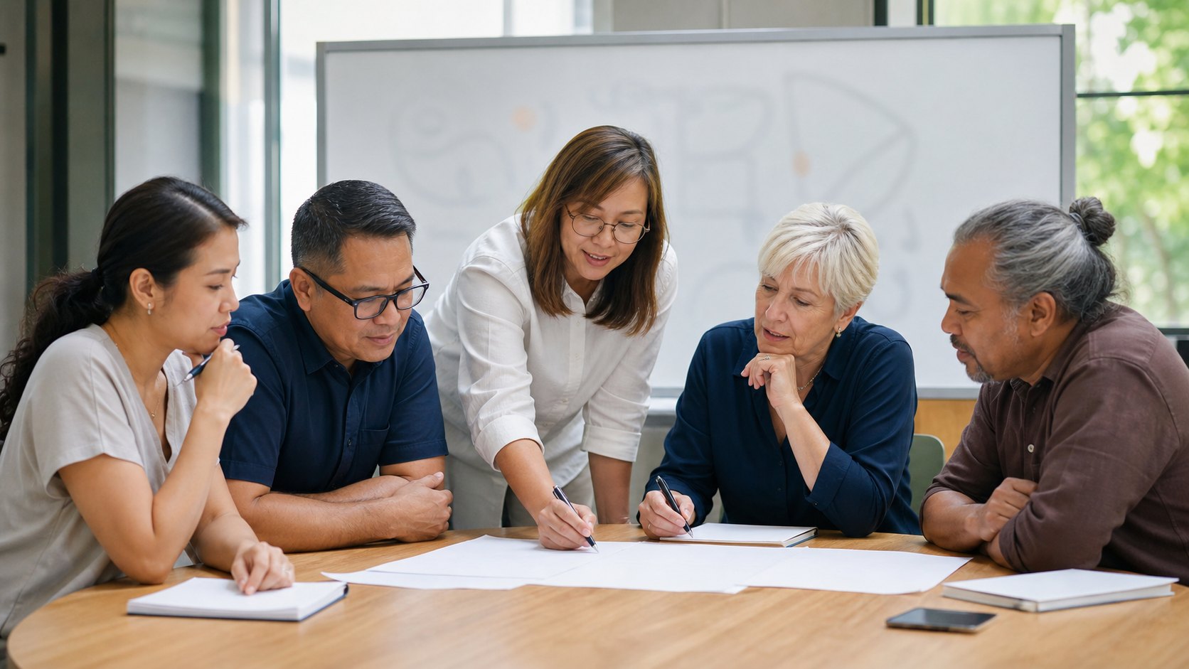 Health educators and community representatives collaborate around learning materials.